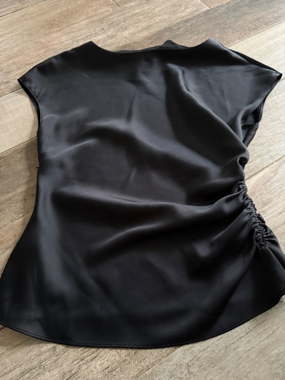 Satin Ruched Side Cap-Sleeve Top - Black